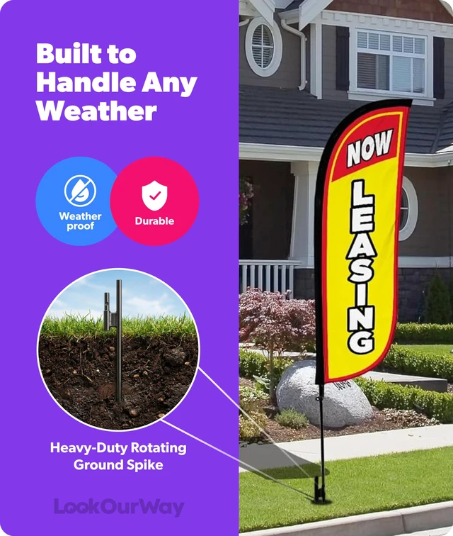 Alt view image 5 of 7 - Real Estate Themed Feather Flag Pole Kit 3 Pack - 5 Feet Tall Now Leasing Advertising Flags with 3 Banners, 3 Pole Sets, and 3 Ground Spikes (Now Leasing Yellow 10M500007)
