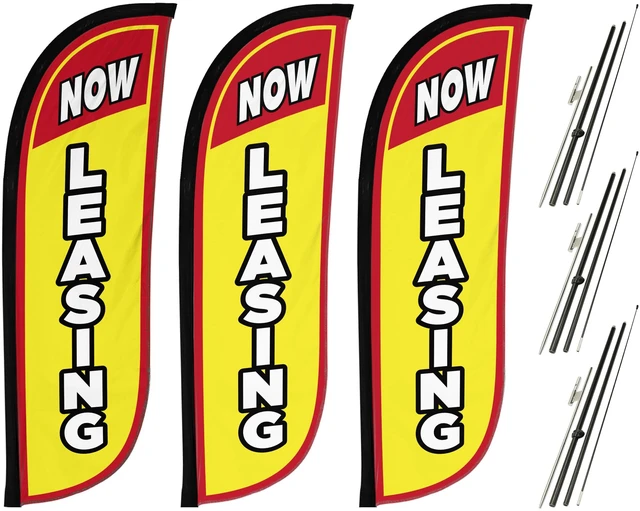 Main image of Real Estate Themed Feather Flag Pole Kit 3 Pack - 5 Feet Tall Now Leasing Advertising Flags with 3 Banners, 3 Pole Sets, and 3 Ground Spikes (Now Leasing Yellow 10M500007)