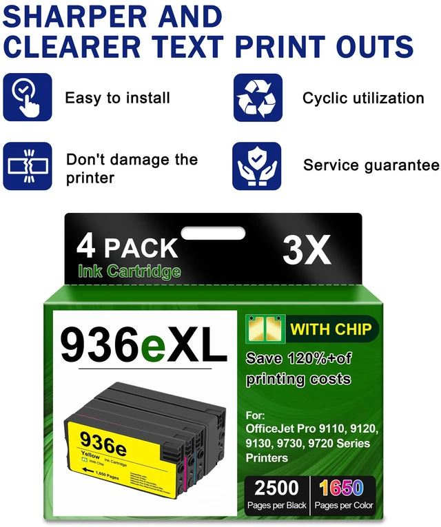 Alt view image 4 of 6 - 936XL 936e 936 Ink Cartridges (4 Pack with Chip) Replacement for Combo Pack Work with OfficeJet Pro 9125e 9120e 9730e 9130 9720 9730 9135e 9122e 9128e 9110b 9120b 9130b 9130e Printer