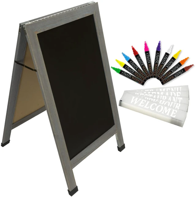 Main image of Large Double-Sided 40x23 Heavy-Duty A-Frame Sidewalk Chalkboard Standing Sign, Includes 10 Chalk Markers, 40 Piece Stencil Set, Chalk and Eraser (Whitewash Grey)