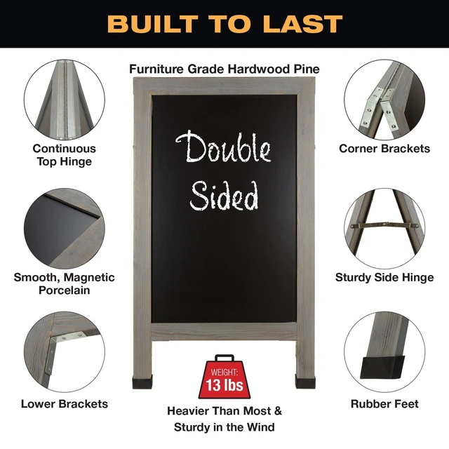 Alt view image 3 of 7 - Large Double-Sided 40x23 Heavy-Duty A-Frame Sidewalk Chalkboard Standing Sign, Includes 10 Chalk Markers, 40 Piece Stencil Set, Chalk and Eraser (Whitewash Grey)
