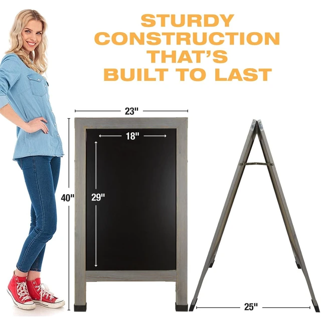 Alt view image 5 of 7 - Large Double-Sided 40x23 Heavy-Duty A-Frame Sidewalk Chalkboard Standing Sign, Includes 10 Chalk Markers, 40 Piece Stencil Set, Chalk and Eraser (Whitewash Grey)