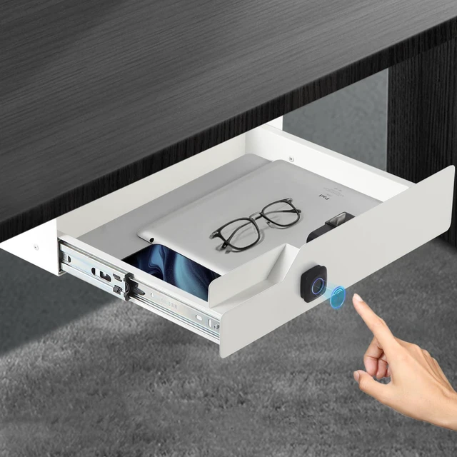 Main image of Under Desk Drawer with Biometric Fingerprint Lock, Metal Undermount Table Drawer, Slides out Tray Organizer for Paper, Pencil, and Laptop 16"x11.8"x3.6", White