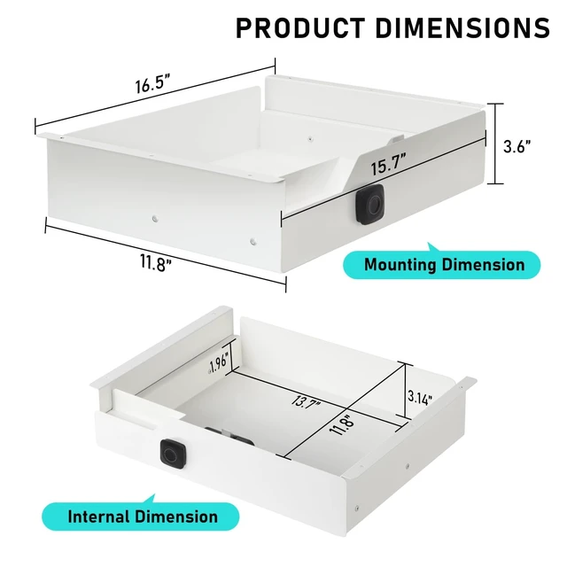 Alt view image 2 of 7 - Under Desk Drawer with Biometric Fingerprint Lock, Metal Undermount Table Drawer, Slides out Tray Organizer for Paper, Pencil, and Laptop 16"x11.8"x3.6", White