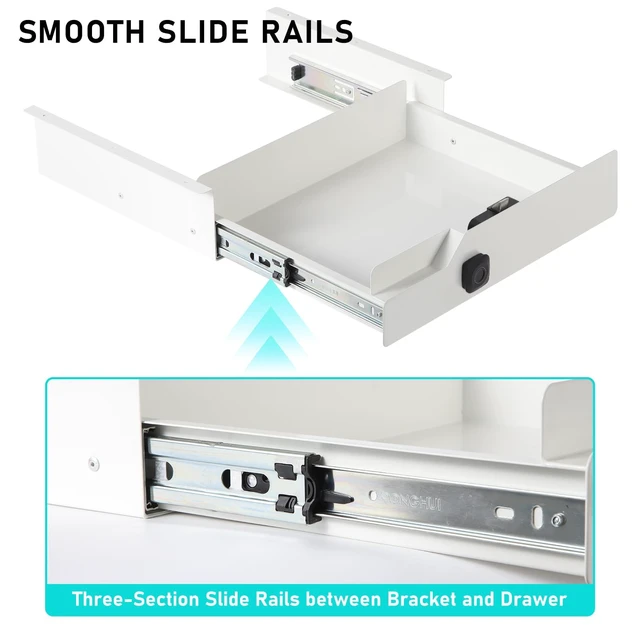 Alt view image 6 of 7 - Under Desk Drawer with Biometric Fingerprint Lock, Metal Undermount Table Drawer, Slides out Tray Organizer for Paper, Pencil, and Laptop 16"x11.8"x3.6", White