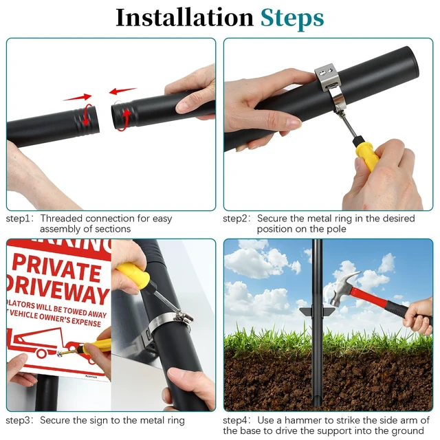 Alt view image 6 of 6 - 6'6'' Heavy Duty Metal Sign Post, Steel Round Signs Pole with Ground Spike, Adjustable Sign Mounting Brackets, Baked Enamel Finish for Yard, Parking, Traffic Signs(1 Pack, 80'')