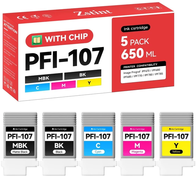 Main image of PFI-107 Ink Tank Set 5-Pack 130ml High Capacity Replacement for Canon PFI-107 PFI107 Ink Cartridges Compatible with Canon Color imagePROGRAF iPF670 iPF680 iPF685 iPF770 iPF780 iPF785 Inkjet Printer