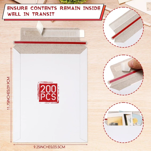 Alt view image 2 of 6 - 200 Pack Rigid Mailers 9.25 x 11.8 Inches Resealable Photo Document Mailers Cardboard White Stay Flat Envelopes for Shipping Photos Pictures Papers Files Cd Magazines Comic Books