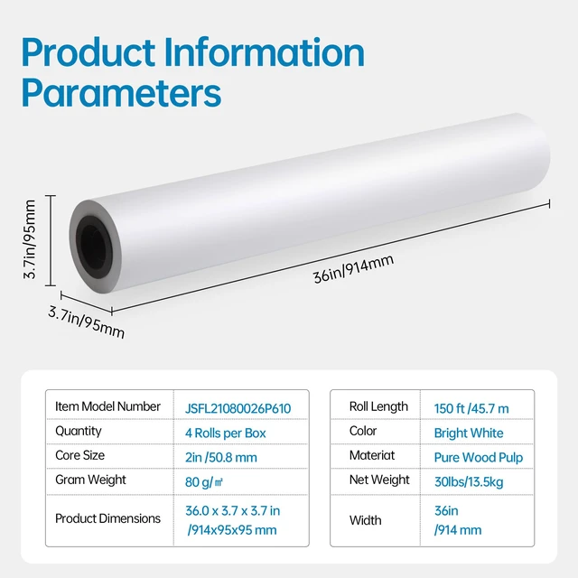 Alt view image 2 of 7 - wide format, Inkjet Printer Paper 36 Inch x 150 ft 4 Roll, 2 Inch Core CAD Bond Rolls, 95 Bright, 30lb Plotter Paper for Wide Format Printer