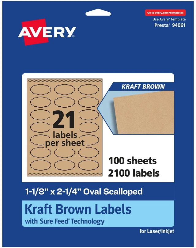 Main image of ® Kraft Brown Oval Scalloped Labels, Sure Feed® Technology, 1-1/8" x 2-1/4", 2,100 Kraft Brown Labels, Print-to-The-Edge, Laser/Inkjet Printable