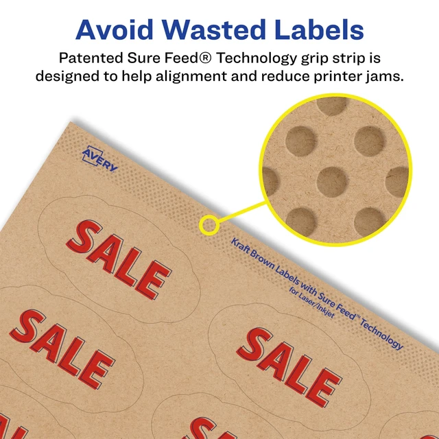 Alt view image 4 of 6 - ® Kraft Brown Oval Scalloped Labels, Sure Feed® Technology, 1-1/8" x 2-1/4", 2,100 Kraft Brown Labels, Print-to-The-Edge, Laser/Inkjet Printable