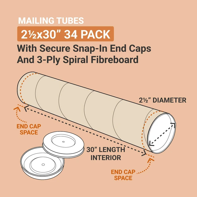 Alt view image 2 of 4 - Cardboard Tubes with Caps, 30"L x 2.5"W x 2.5"H, Pack of 34 Poster Tube for Mailing and Storage of Blueprints, Artwork, Crafts, Long Art Holder, 30 inches