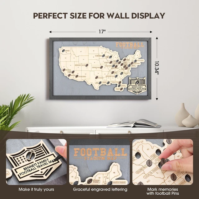 Alt view image 2 of 7 - Football Stadium Map Tracker, Pro Football Stadium Checklist Track Football Stadiums, Football Pins Included, Stand & Rope & Marker Set, Ready to Hang or Stand, Gift for Football Fans
