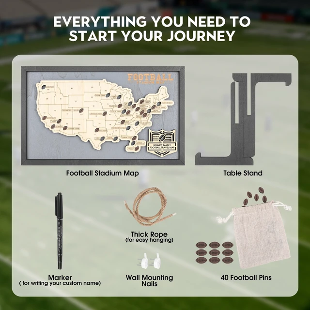 Alt view image 3 of 7 - Football Stadium Map Tracker, Pro Football Stadium Checklist Track Football Stadiums, Football Pins Included, Stand & Rope & Marker Set, Ready to Hang or Stand, Gift for Football Fans