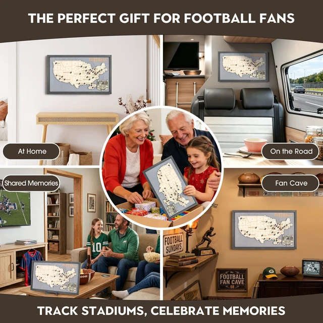 Alt view image 5 of 7 - Football Stadium Map Tracker, Pro Football Stadium Checklist Track Football Stadiums, Football Pins Included, Stand & Rope & Marker Set, Ready to Hang or Stand, Gift for Football Fans