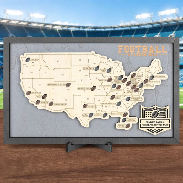 Main image of Football Stadium Map Tracker, Pro Football Stadium Checklist Track Football Stadiums, Football Pins Included, Stand & Rope & Marker Set, Ready to Hang or Stand, Gift for Football Fans