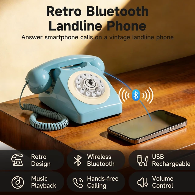 Alt view image 2 of 7 - Bluetooth Landline Phone for Cell Phone, Retro Wireless Home Phones,Blue Vintage Old Fashioned Telephone with Speakerphone & Volume Control, Wireless Rechargeable Telephone for Bedroom, Home Office