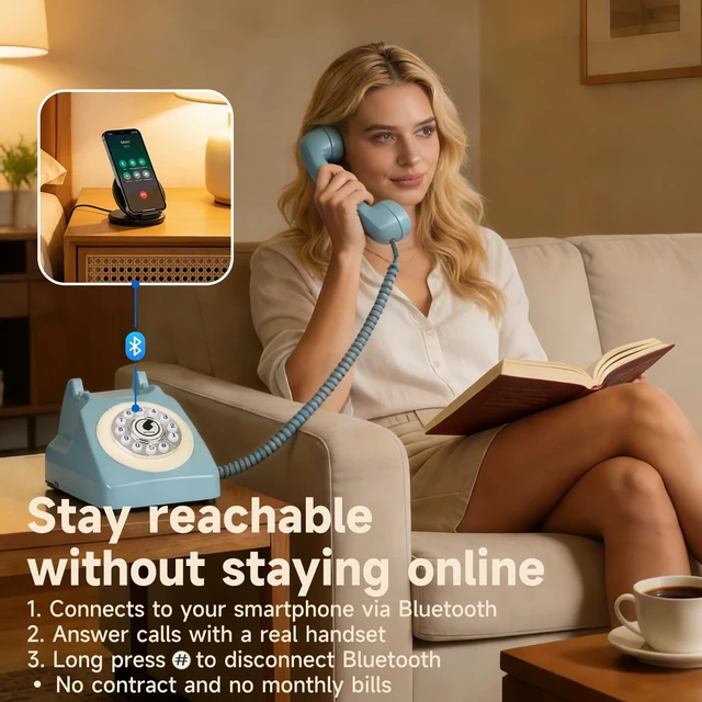Alt view image 3 of 7 - Bluetooth Landline Phone for Cell Phone, Retro Wireless Home Phones,Blue Vintage Old Fashioned Telephone with Speakerphone & Volume Control, Wireless Rechargeable Telephone for Bedroom, Home Office