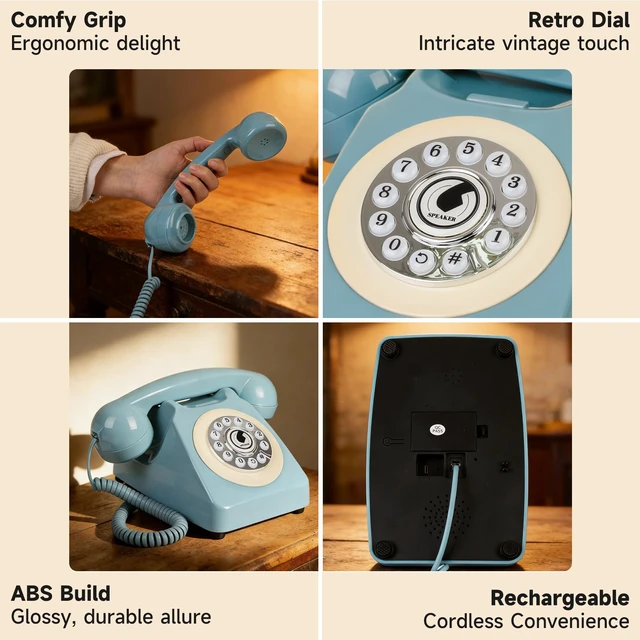 Alt view image 5 of 7 - Bluetooth Landline Phone for Cell Phone, Retro Wireless Home Phones,Blue Vintage Old Fashioned Telephone with Speakerphone & Volume Control, Wireless Rechargeable Telephone for Bedroom, Home Office