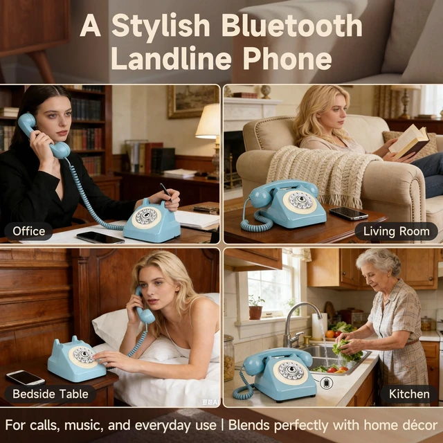 Alt view image 6 of 7 - Bluetooth Landline Phone for Cell Phone, Retro Wireless Home Phones,Blue Vintage Old Fashioned Telephone with Speakerphone & Volume Control, Wireless Rechargeable Telephone for Bedroom, Home Office