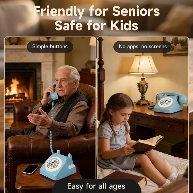 Alt view image 7 of 7 - Bluetooth Landline Phone for Cell Phone, Retro Wireless Home Phones,Blue Vintage Old Fashioned Telephone with Speakerphone & Volume Control, Wireless Rechargeable Telephone for Bedroom, Home Office