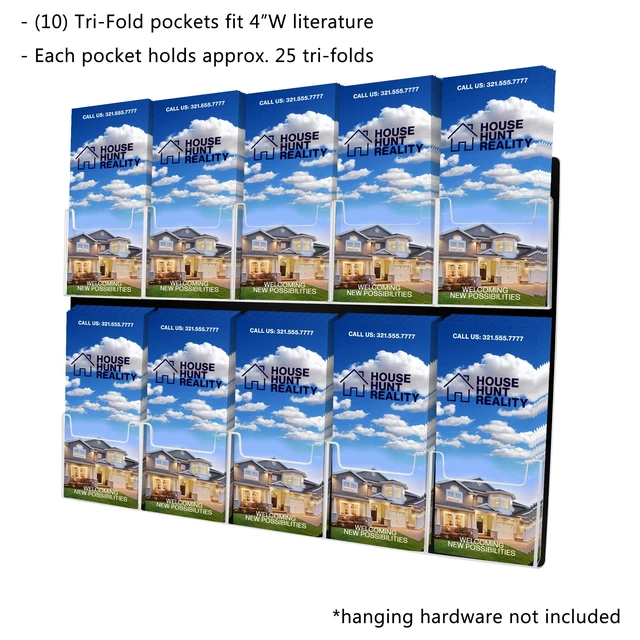 Alt view image 2 of 5 - Brochure Holder Wall Hanging with Hardware for 4" Trifolds 10 Slot Rack Black PVC Backing with Clear Pockets for Maps and Menus