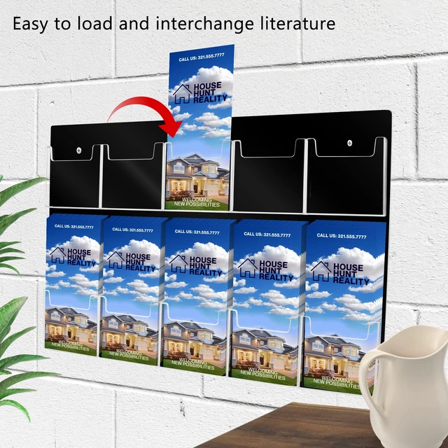 Alt view image 3 of 5 - Brochure Holder Wall Hanging with Hardware for 4" Trifolds 10 Slot Rack Black PVC Backing with Clear Pockets for Maps and Menus