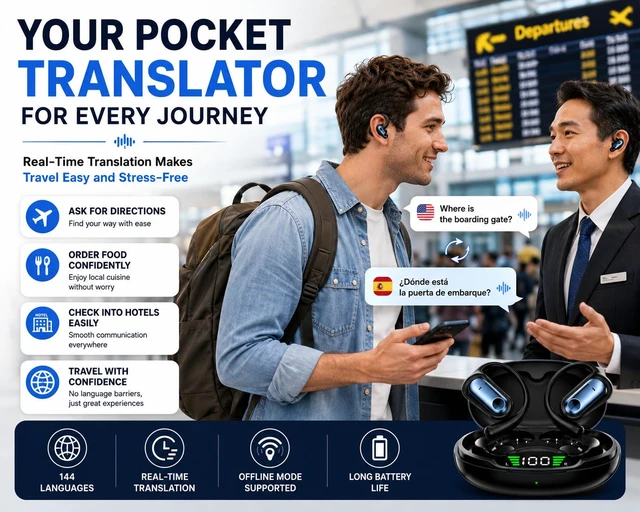 Alt view image 3 of 7 - AI Translation Earbuds with 144 Languages, Bluetooth 5.4, Real-Time Voice Translation, HD Calling, Long Battery Life Wireless Language Translator Earphones for Travel & Business YYK-Q17 Deep Blue