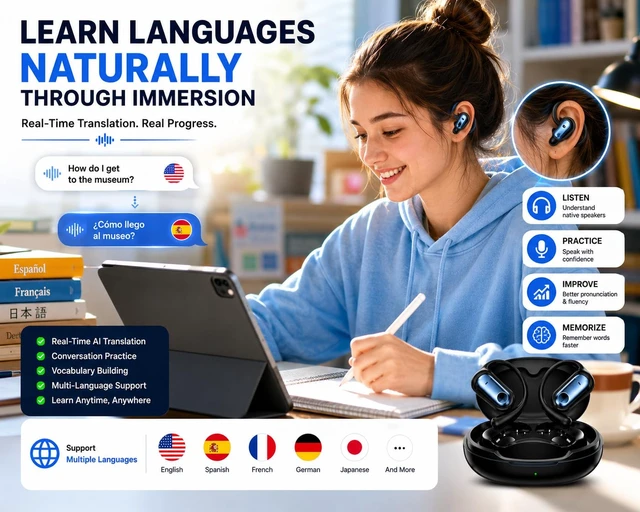 Alt view image 5 of 7 - AI Translation Earbuds with 144 Languages, Bluetooth 5.4, Real-Time Voice Translation, HD Calling, Long Battery Life Wireless Language Translator Earphones for Travel & Business YYK-Q17 Deep Blue
