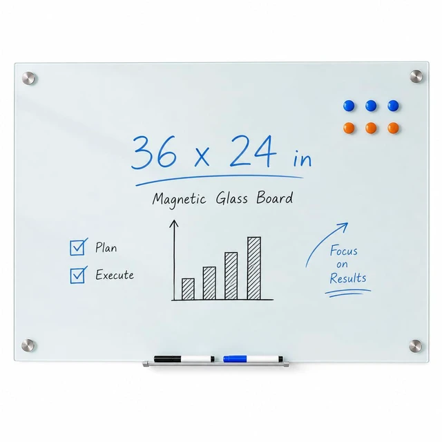 Main image of Magnetic Glass Dry Erase Board, 36x24 Inches White Board for Wall Frameless magnetic glass whiteboard; ghost-free wiping surface; dual wall mount; scratch-proof tempered glass & accessory set