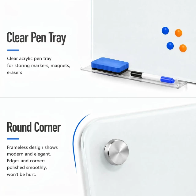 Alt view image 2 of 7 - Magnetic Glass Dry Erase Board, 24x18 Inches White Board for Wall Frameless magnetic glass whiteboard; ghost-free wiping surface; dual wall mount; scratch-proof tempered glass & accessory set