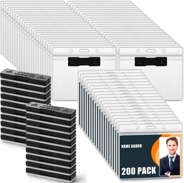 Main image of 200 Pack Magnetic Name Badge Holders Bulk 4 x 3 Clear PVC Horizontal ID Card Tag Waterproof Reusable Plastic Name Tag for Office, Convention, Exhibitor Event, Record, School, Classroom