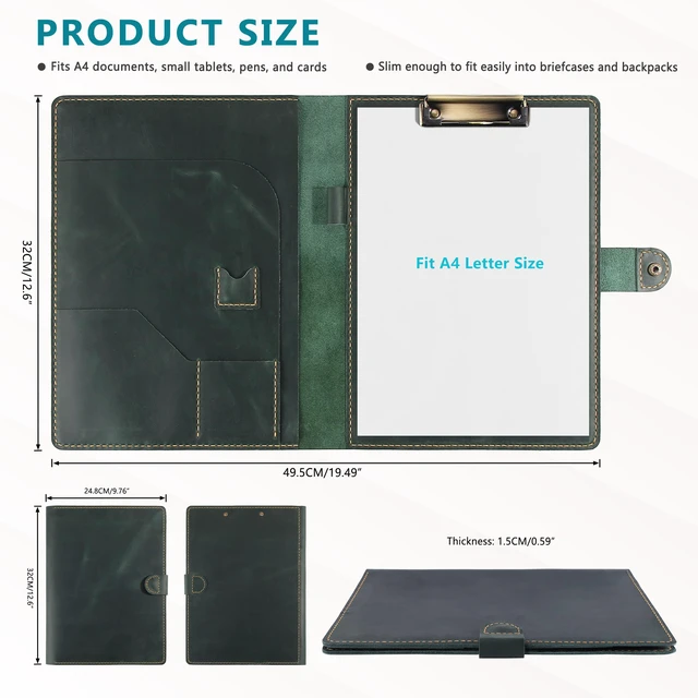 Alt view image 2 of 7 - Leather Portfolio for Men & Women - Vintage Padfolio with Clipboard, Resume & Document Organizer for A4 Letter Size Writing Pad - Business Folder for Office & Conference (Green)