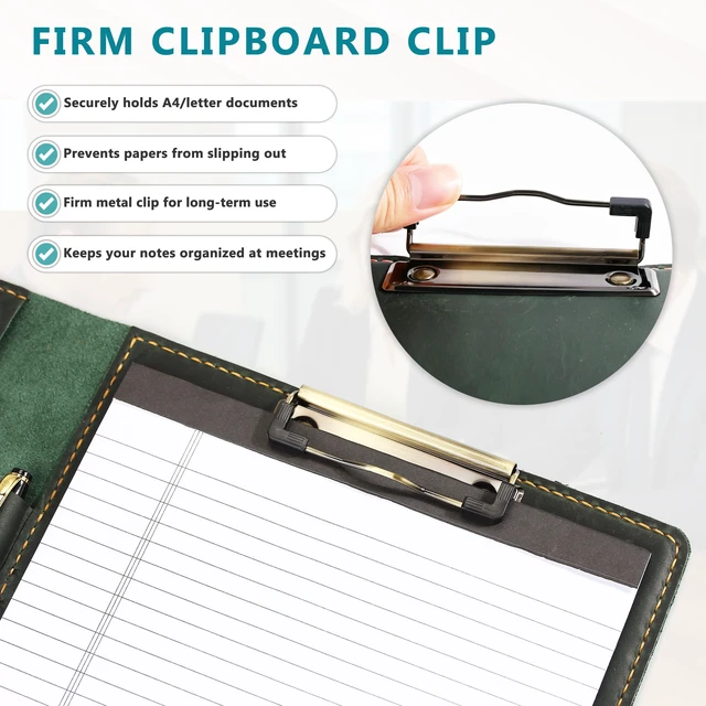 Alt view image 5 of 7 - Leather Portfolio for Men & Women - Vintage Padfolio with Clipboard, Resume & Document Organizer for A4 Letter Size Writing Pad - Business Folder for Office & Conference (Green)