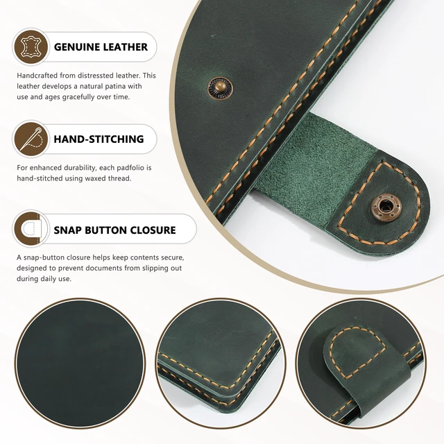 Alt view image 3 of 7 - Leather Portfolio for Men & Women - Vintage Padfolio with Clipboard, Resume & Document Organizer for A4 Letter Size Writing Pad - Business Folder for Office & Conference (Green)