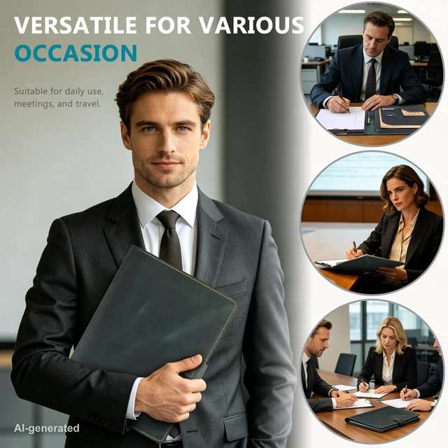 Alt view image 7 of 7 - Leather Portfolio for Men & Women - Vintage Padfolio with Clipboard, Resume & Document Organizer for A4 Letter Size Writing Pad - Business Folder for Office & Conference (Green)