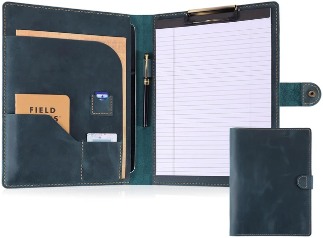 Main image of Leather Portfolio for Men & Women - Vintage Padfolio with Clipboard, Resume & Document Organizer for A4 Letter Size Writing Pad - Business Folder for Office & Conference (Blue)