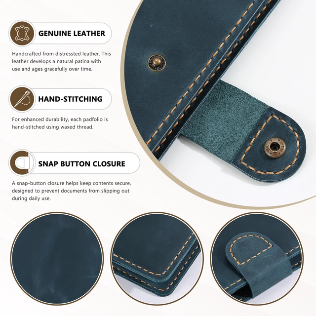 Alt view image 3 of 7 - Leather Portfolio for Men & Women - Vintage Padfolio with Clipboard, Resume & Document Organizer for A4 Letter Size Writing Pad - Business Folder for Office & Conference (Blue)