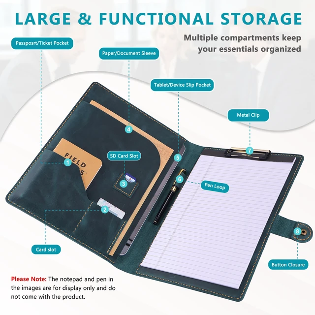 Alt view image 4 of 7 - Leather Portfolio for Men & Women - Vintage Padfolio with Clipboard, Resume & Document Organizer for A4 Letter Size Writing Pad - Business Folder for Office & Conference (Blue)