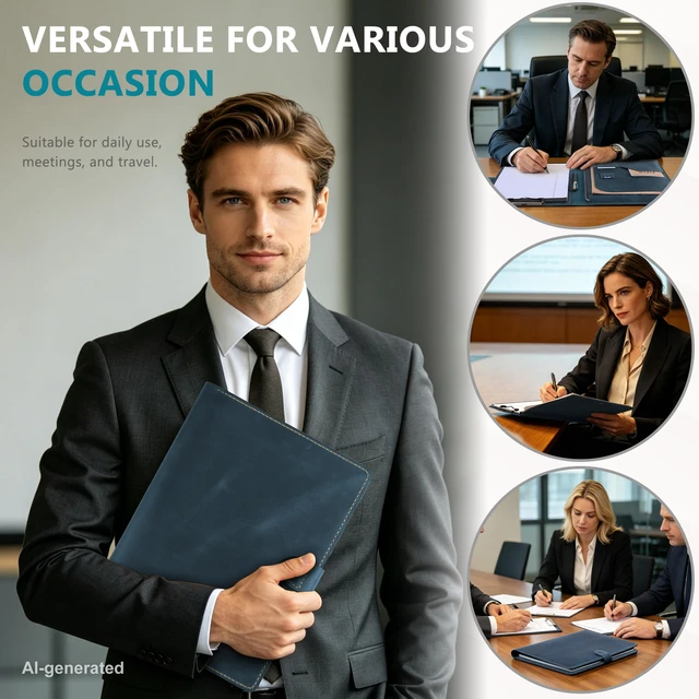 Alt view image 7 of 7 - Leather Portfolio for Men & Women - Vintage Padfolio with Clipboard, Resume & Document Organizer for A4 Letter Size Writing Pad - Business Folder for Office & Conference (Blue)