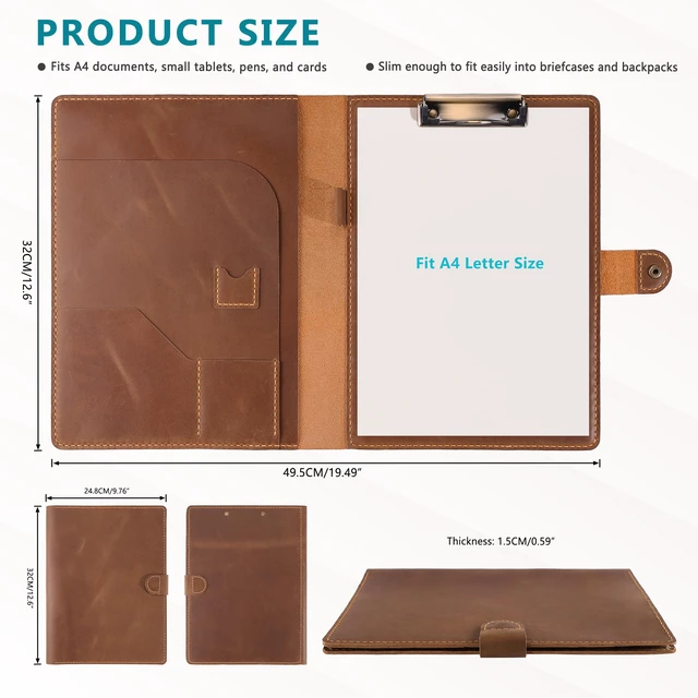 Alt view image 2 of 7 - Leather Portfolio for Men & Women - Vintage Padfolio with Clipboard, Resume & Document Organizer for A4 Letter Size Writing Pad - Business Folder for Office & Conference (Brown)