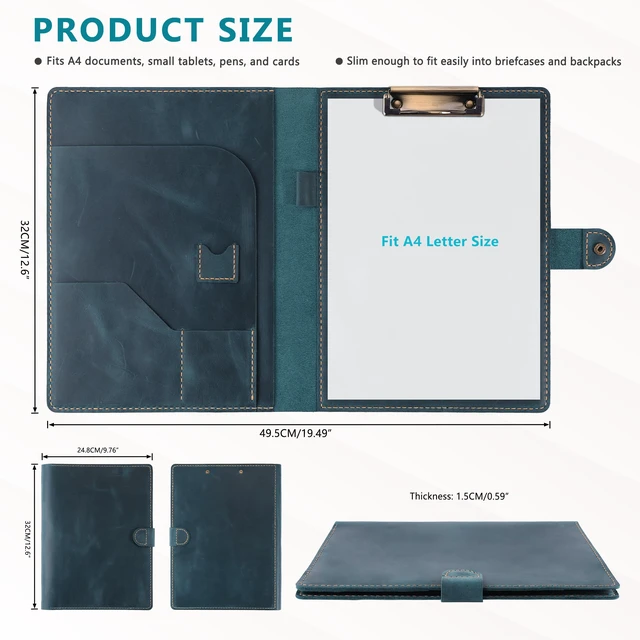 Alt view image 2 of 7 - Leather Portfolio for Men & Women - Vintage Padfolio with Clipboard, Resume & Document Organizer for A4 Letter Size Writing Pad - Business Folder for Office & Conference (Blue)