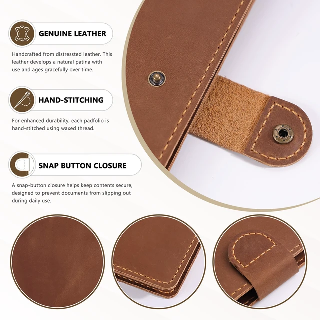 Alt view image 3 of 7 - Leather Portfolio for Men & Women - Vintage Padfolio with Clipboard, Resume & Document Organizer for A4 Letter Size Writing Pad - Business Folder for Office & Conference (Brown)