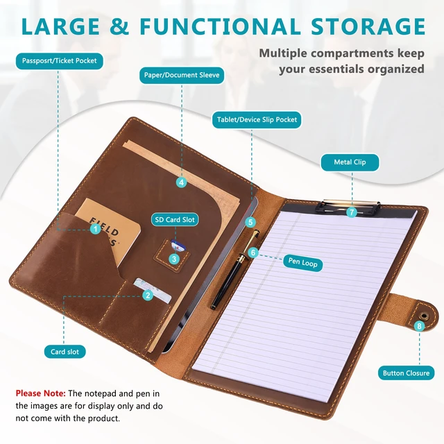 Alt view image 4 of 7 - Leather Portfolio for Men & Women - Vintage Padfolio with Clipboard, Resume & Document Organizer for A4 Letter Size Writing Pad - Business Folder for Office & Conference (Brown)