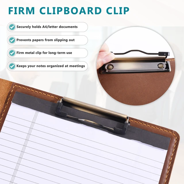 Alt view image 5 of 7 - Leather Portfolio for Men & Women - Vintage Padfolio with Clipboard, Resume & Document Organizer for A4 Letter Size Writing Pad - Business Folder for Office & Conference (Brown)