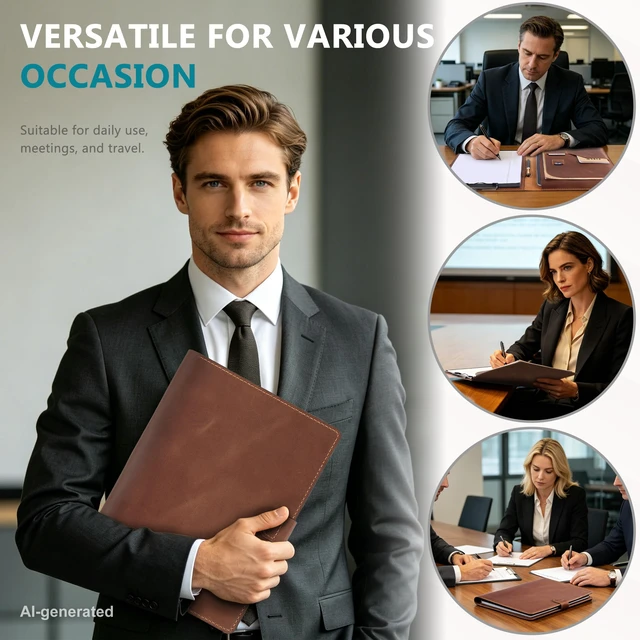 Alt view image 7 of 7 - Leather Portfolio for Men & Women - Vintage Padfolio with Clipboard, Resume & Document Organizer for A4 Letter Size Writing Pad - Business Folder for Office & Conference (Brown)