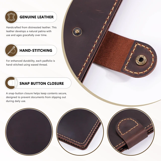 Alt view image 5 of 7 - Leather Portfolio for Men & Women - Vintage Padfolio with Clipboard, Resume & Document Organizer for A4 Letter Size Writing Pad - Business Folder for Office & Conference (Coffee)