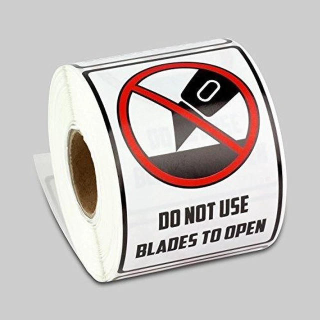 Main image of Do Not Use Blades to Open Stickers, 2 x 3 inch, 1500 Labels Warning Instruction Labels, Strong Adhesive, Do Not Use Sharp Objects, 5 Packs of 300