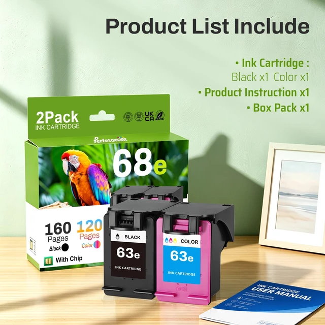Alt view image 7 of 7 - 68e Black and Color Ink Cartridges Replacement for HP 68 Ink Cartridge Combo Pack for HP Envy 6152e, 6155e, 6552e, 6555e, 6558e Printers (2 Pack, 1 Black, 1 Tri-Color)