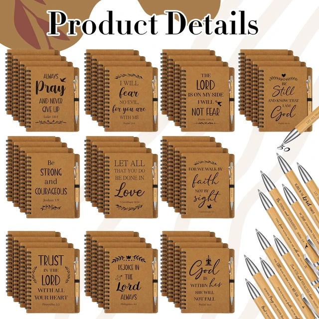Alt view image 4 of 7 - 100 Pcs/50 Set Christian Spiral Notebooks with Bamboo Pen Small Pocket Prayer Journals Religious Christian Gift for Church Members Bible Study Groups Christmas Bulk Gifts(5.5 x 8.3 Inch)